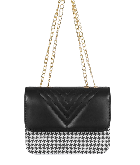 Cross-body bag with black houndstooth chain