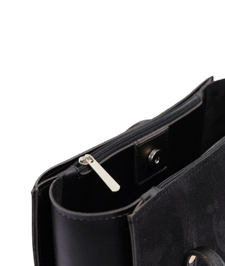Long-handled black suede shoulder bag with zipper