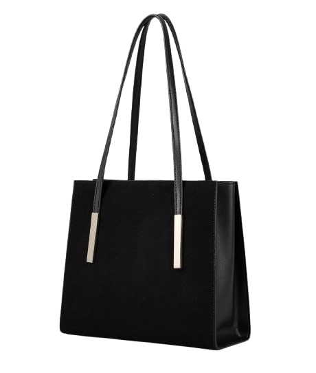 Long-handled black suede shoulder bag with zipper